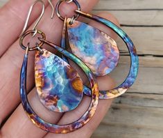 Copper Dangle Earrings Flame Painted Patina Jewelry - Etsy Multicolor Nickel-free Copper Earrings, Nickel-free Multicolor Copper Earrings, Handmade Multicolor Copper Earrings, Artistic Multicolor Copper Jewelry, Multicolor Copper Dangle Earrings, Patina Jewelry, Metal Jewelry, Jewelry Ideas, Patina