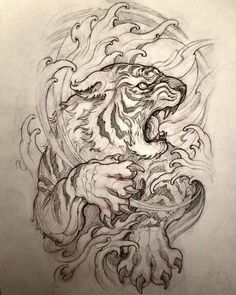 a drawing of a tiger with its mouth open and it's head in the air