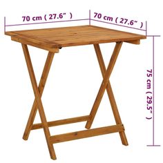 a wooden folding table with measurements for the top and bottom section, including an extra height