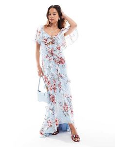 ASOS DESIGN frill bardot bias cut maxi dress in floral print | ASOS Ruffle Maxi Dress, Blue Floral Print, Ruffled Maxi Dress, Maxi Dress Trend, Orange Dress, Linen Dresses, Tea Dress, Dress Floral, Flutter Sleeves