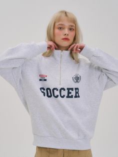 Editor’s notesThis is a soccer logo half zip-up sweatshirts with a solid texture and moderate thickness made of cotton. The lettering printing and logo emblem design in the front add sporty sensibility. Loose fit and half zip-up design for comfortable and casual styling.- Casual drop shoulder- Suitable length and half zip-up design- Sporty lettering print- Good to coordinate with various bottoms Measurements(in.)Size (S/L)- Total Length: 24.8 in. / 28.35 in.- Shoulder: 24.41 in. / 24.4 Sporty White Sweatshirt With Letter Embroidery, White Sporty Sweatshirt With Letter Embroidery, Sporty Track Jacket With Letter Print For Sports Season, Sports Cotton Track Jacket With Letter Print, Cotton Sports Track Jacket With Letter Print, Sporty White Track Jacket With Letter Print, White Sporty Half-zip Sweatshirt, White Half-zip Sporty Sweatshirt, Sporty Logo Print Sweatshirt For Leisure