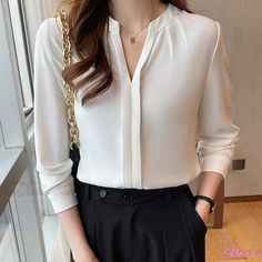 Classic Long Sleeve Snow White Blouse for Ladies Spring Office Wear Solid Color Blouse, Elegant Non-stretch Tops, Solid Color Spring Office Wear Blouse, Spring Solid Color Blouse For Work, Classic V-neck Solid Color Blouse, Elegant Solid Color Shirt For Spring, Classic Solid Color V-neck Blouse, Elegant V-neck Plain Tops, Classic Plain Blouse For Spring