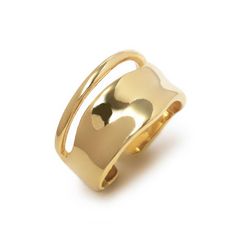 This double band ring features an eye-catching sculptural design with adjustable sizing for the perfect fit. Crafted from luxurious gold, make a statement with this modern, sophisticated piece. Gold Vermeil Band Width 0.5in (13mm) Adjustable Size 6-7 #R125-G Modern Gold-tone Rings With Polished Finish, Modern Thick Band Gold Plated Jewelry, Modern Gold Plated Thick Band Jewelry, Gold Bypass Ring With Modern Twist, Modern Open Band Wide Ring For Formal Occasions, Modern Wide Band Open Ring For Formal Occasions, Adjustable Gold Plated Modern Midi Rings, Modern Gold-tone Jewelry With Metal Ring, Modern Gold-plated Gold-tone Rings