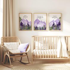 a baby's room with two pictures on the wall and a rocking chair next to it