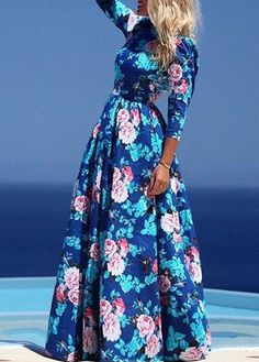 Navy Blue Floral Print Maxi Dress on Luulla Sukienki Maksi, Long Sleeve Floral Maxi Dress, Summer Maxi Dress Floral, Robes Vintage, Bohemian Maxi Dress, Maxi Robes, Vestidos Vintage, Floral Print Maxi Dress, Bride Dresses