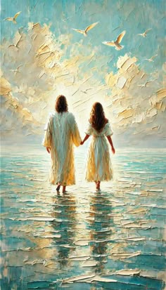 two children holding hands while standing in the water with birds flying above their heads and clouds behind them