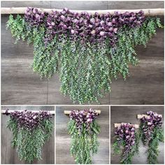 purple flowers are growing on the side of a wooden pole and hanging from it's sides