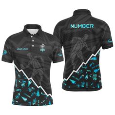 a black polo shirt with blue graphics on it