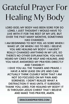 a prayer card with the words grateful prayer for healing my body