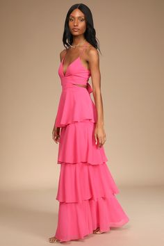 Celebrate the present moment with the Lulus Tier and Now Hot Pink Tie-Back Tiered Maxi Dress! Woven chiffon shapes this dress that has a V-neckline and a fitted bodice that are supported by slender straps that come together at the back above a keyhole cutout and tying sash. The back cutout wraps around to the sides atop a full maxi skirt with flouncy tiers. Hidden back zipper/clasp. Fit: This garment fits true to size. Length: Floor length. Size small measures 52.5" from shoulder to hem. Bust: G Hot Pink Maxi Dress, Bright Pink Dresses, Preppy Prom, Full Maxi Skirt, Pink Formal Dresses, The Present Moment, Cute Prom Dresses, Present Moment, Chiffon Maxi Dress