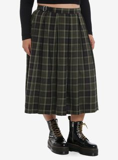 Put some prep in your step with this plaid midi dress! It has a green plaid print all over with a side buckle hardware and side zipper.Please note: Style is fitted with no stretch; size up for a looser fit.65% polyester; 35% rayonWash cold; dry lowLength: 33"No stretchImportedModel is 5'9"Model wears size 1 Green Gingham Skirt, Cabin Closet, Dark Academia Outfit Plus Size, Plus Size Dark Academia, Hobbit Fashion, Midi Skirt Plus Size, Goth Cottagecore, Plus Size Goth, Plus Size Hot