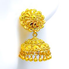 Versatile Dangling Flower 22k Gold Jhumki Earrings Luxury Yellow Gold Jhumkas For Ceremonial Use, Yellow Gold Drop Earrings Jhumkas, Traditional Gold Flower Earrings For Festivals, Yellow Gold Chandbali Jhumkas, Traditional Gold Flower Earrings For Festive Occasions, Gold Plated Yellow Gold Jhumkas For Diwali, Yellow Gold Plated Danglers With Tilla, Yellow Gold Temple Jewelry Jhumkas, Elegant Yellow Jhumkas With Latkans