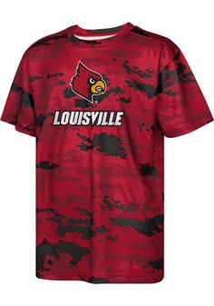 Your future Cardinals will be ready for the game with this Louisville Cardinals Youth Red Short Sleeve Tee. This Scrimmage T-Shirt features a screen print team graphic. Poly flat back pin dot mesh, Softhand screen print graphic, All over print, Neck trim poly interlock, Perfect for any young sports fan!, 100% COTTON, 8 Red Crew Neck Sublimation Design Jersey For Game Day, Red Team Spirit Sublimation T-shirt With Graphic Print, Sports Cotton Sublimation Shirt With Team Logo, Red Sublimation Design T-shirt With Team Spirit Graphic, Red Graphic Print T-shirt For Fan Events, Red Short Sleeve Tops With Team Logo, Red Sports Team T-shirt, Red Sports T-shirt With Team Name, University Red Graphic T-shirt For Game Day