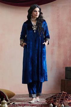 Shop for Weaver Story Blue Velvet Embroidered Straight Kurta And Salwar Set for Women Online at Aza Fashions Velvet Kurta, Indian Designer Suits, Embroidered Motifs, A Line Kurta, Straight Kurta, Velvet Fashion, Embroidery Fashion, Colour Combinations, Kurta Set