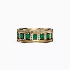 Boldness and elegance find a perfect balance. The mesmerizing floating effect of the channel-set Emeralds along the band is a tribute to the incredible artistry of our designers and stone-setters. Rings With Stones, Bold Rings, Channel Set, Stone Rings, Emerald, Floating, Diamonds, Yellow Gold, The Incredibles