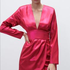 Fuchsia/Pink / 9665/757 V Neck Long Sleeves Wrap Front With Ruching Side Hidden Inseam Zip Closure 100% Polyester Comes From A Smoke Free Environment. Chic Rose Red Party Dress, Pink V-neck Mini Dress For Evening, Chic Fitted Rose Red Dress, Zara Long Sleeve Pink Mini Dress, Zara Pink Long Sleeve Mini Dress, Chic Pink Mini Dress By Zara, Zara Pink Mini Dress For Date Night, Zara Pink V-neck Mini Dress, Zara Pink Mini Dress For Cocktail