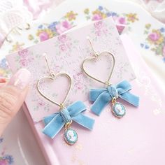 Rococo Light Blue Bow Cameo Lady head pendant Gold Heart Earrings (Dangle / Clip On), Cute Kawaii Victorian Style Jewelry ♡ bow width approc 3.3cm Blue Bow Earrings, Light Blue And Gold Jewelry, Blue Heart Earrings For Gift, Handmade Blue Kawaii Jewelry, Cute Blue Jewelry With Heart Charm, Cute Blue Jewelry For Valentine's Day, Valentine's Day Blue Heart Earrings, Blue Heart Earrings For Party, Blue Earrings For Valentine's Day Party