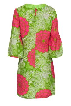 Get ready to conquer the day in this floral dress from Trina Turk. The vibrant classic combo of pink and green florals make a statement, complete with complementing green zebra trim at the neckline and fun bell sleeves. Pair with wedge sandals, a causal woven clutch and pearl earrings for a bright daytime look. Size 8 Green Bold Print Summer Dress, Green Dresses With Bold Print For Spring, Green Dress With Bold Print For Spring, Green Tropical Print Dress For Garden Party, Bold Print Green Dress For Vacation, Green Bold Print Dress For Vacation, Green Bold Print Vacation Dress, Pink Dresses With Bold Print For Spring, Fitted Green Printed Dresses