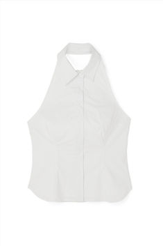 Sleeveless Shirt Top Chic Sleeveless Top With Back Button Closure, Spring Sleeveless Tops With Back Button Closure, Sleeveless Tops With Back Button Closure For Spring, Classic Sleeveless Blouse For Summer, Chic Summer Tops With Back Button Closure, White Backless Summer Tops, Summer Fitted Backless Top, Elegant Summer Tops With Back Button Closure, Fitted Backless Top For Summer