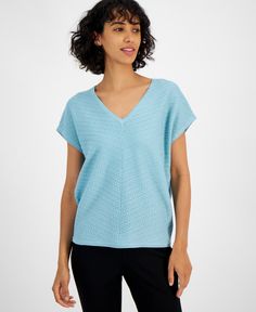 in stock Light Blue Knit V-neck Top, Blue Textured Knit Short Sleeve Top, Light Blue Textured Knit Top, Blue Textured Knit Top For Spring, Chic Blue Short Sleeve Knit Top, Light Blue Textured Knit Tops For Spring, Cap Sleeve Sweater, Sweater Sleeves, Blue Sweaters