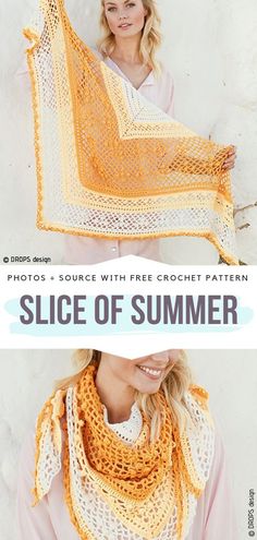 a woman wearing a yellow and white crochet shawl with text that reads slice of summer