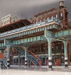 an artistic painting of a train station with stairs leading up to the top and bottom