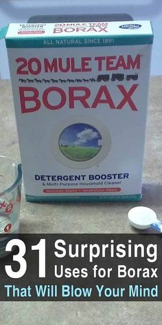 a box of borax sitting on top of a counter next to a cup