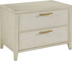 a white dresser with two drawers and gold pulls on the bottom drawer, against a white background