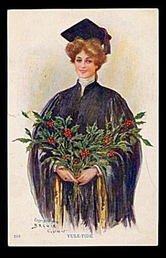 an old fashioned christmas card with a woman wearing a black gown and holding holly wreaths