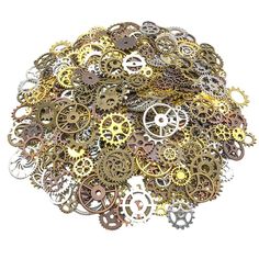 a pile of assorted gears on a white background