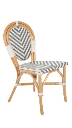 a wooden chair with a black and white patterned seat