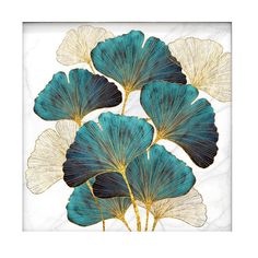 four blue and white leaves on a white background with gold foil in the shape of flowers