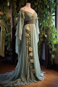 Book Inspired Dresses, Elvish Aesthetic Clothes, Fantasy Spring Dress, Fae Princess Dress, Druid Ball Gown, Forest Goddess Dress, Lotr Dress Inspired Outfits, Ethereal Fantasy Dress, Fantasy Gown Aesthetic