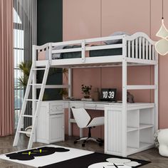 a white loft bed with desk and ladder in a pink walled living room, along with rugs on the floor