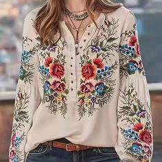 Floral Print Button Front Loose Blouse, Elegant V Neck Long Sleeve Blouse For Spring & Fall, Women's Clothing Boutique Sizes Available In Lettering: Xs (2) S (4) M (6) L (8/10) Xl (12) Xxl (14) !!*Please Note*!! *This Is A Pre-Order Item And Requires A Longer Shipping Time. Please Allow 7-14 Business Days Before Shipping.* Thank You For Your Patience. Once Ordered Is Placed We Will Notify You Of An Expected Shipping Date. Bundle 2 Or More Items From My Closet For A 15% Discount. Tags: Spring Sum Blus Sifon, Boho Mode, Bohemian Mode, Straight Clothes, Estilo Hippie, Stil Boho, Mode Boho, Skirt Maxi, Moda Boho