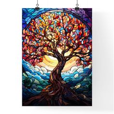 a poster hanging on a wall with a tree in the middle and sun shining through it