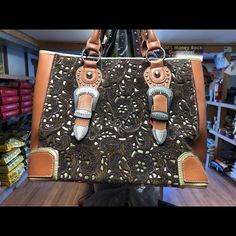 Super Cute Leather Tote! Western Style Large And Pretty 17 Inches Across 12 Inches Length Western Style Hand Tooled Brown Bag, Western Style Brown Bags For Daily Use, Western Style Brown Satchel Bag, Western Brown Satchel Shoulder Bag, Western Style Shoulder Bag For Everyday, Hand Tooled Western Bags, Tan Leather Jackets, Reversible Bag, Clothes For Women Over 50