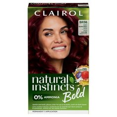 Shine brighter with bold red hair color with Clairol Natural Instincts Bold Permanent Hair Color Kit in BR36 Deep Burgundy Acai. This affordable at-home hair color kit provides up to 8 weeks worth of vivid permanent burgundy hair dye that gently provides glossy, bold coloreven on dark hair color. Intensely pigmented, the permanent red hair dye for dark hair works on many shades. Clairols most gentle permanent hair coloring kit yet, this dermatologically-tested ammonia free hair dye kit has nourishing ingredients like acai extract, guarana extract and argan oil, is safe for textured hair and will give you striking, glossy permanent burgundy hair color that lasts. The included Moisture Shine moisturizing hair mask conditions and protects hair between colorings for softer, shinier hair. Wheth Permanent Red Hair Dye, Dark Red Hair Dye, Burgundy Hair Dye, Dark Hair Dye, Clairol Hair, Clairol Natural, Clairol Natural Instincts, Moisturizing Hair Mask, Moisturizing Hair