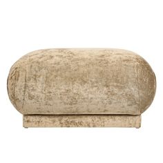 a large beige velvet ottoman with an oval shaped cushion on the top and bottom, in front of a white background