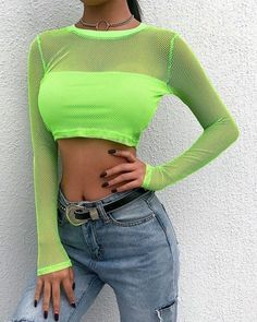 Neon Green Mesh Top - #fashion #tops #streetwear           Pinterest: @k8dumas Spring Club Crop Top Fitted, Spring Club Fitted Crop Top, Fitted Crop Top For Club And Spring, Cropped Summer Club Tops, Summer Crop Top For Club, Green Long Sleeve Top For Club, Green Summer Party Tops, Green Stretch Trendy Tops, Trendy Lime Green Summer Tops