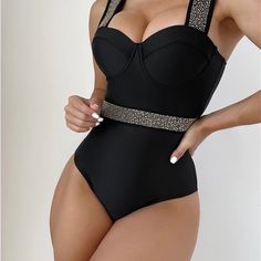 Women Swimwear Push Up Black One Piece Fabric: Nylon, Spandex Sizes: Small, Medium, Large High Stretch Black Swimwear For Parties, Black High-stretch Swimwear For Party, Elegant Fitted Swimwear With Rhinestones, Elegant Fitted Rhinestone Swimwear, Longer Legs, Bodysuit Dress, Swimsuits Hot, Women Swimwear, Corsets And Bustiers