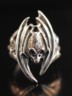 Bat Ring Silver Gothic Bat Ring Bat Jewelry Silver by martymagic Gothic Silver Ring With Polished Finish, Gothic Sterling Silver Jewelry, Gothic Sterling Silver Jewelry With Polished Finish, Collectible Gothic Rings With Polished Finish, Gothic Hallmarked Rings For Collectors, Silver Gothic Rings With Polished Finish, Gothic Antique Silver Sterling Silver Rings, Antique Silver Gothic Sterling Silver Rings, Unique Silver Skull Ring Hallmarked