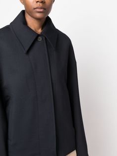 oversize shirt jacket from STUDIO NICHOLSON featuring midnight blue, classic collar, concealed front button fastening, two side welt pockets, long sleeves, adjustable waist strap and straight hem. Size Info NUMERIC ITALIAN Color Detail Blue Made In Portugal Material Polyester 64%, Viscose 34%, Elastane 2%, Lining: Viscose 51%, Cotton 49% Season One Fall-Winter Season Two Fall-Winter Product jackets Brand Studio Nicholson PRE Size And Fit This piece fits true to size. We recommend you get your re Navy Collared Outerwear For Work, Classic Outerwear With Long Sleeves And Concealed Front Fastening, Classic Outerwear With Concealed Front Fastening And Long Sleeves, Workwear Peacoat With Hidden Button Closure, Navy Lapel Collar Outerwear For Office, Navy Outerwear With Button Cuffs For Office, Workwear Peacoat With Concealed Placket And Lapel Collar, Oversized Outerwear With Spread Collar For Work, Blue Outerwear With Concealed Placket