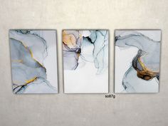 three paintings are hanging on the wall in front of a white wall with gold accents