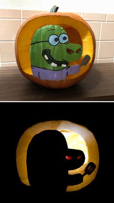 two pumpkins that have been carved to look like cartoon characters