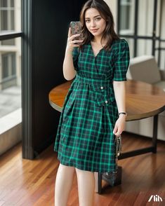 Zlily - Knee-Length Plaid Shirt Dress Casual Green A-line Shirt Dress, Casual Plaid V-neck Midi Dress, Green A-line Casual Shirt Dress, Casual A-line Plaid Dress, Casual Cotton Plaid Dress With V-neck, Casual Plaid Cotton V-neck Dress, Short Sleeve Plaid Dress For Fall, Green Cotton V-neck Shirt Dress, Plaid Shirt Dress