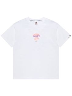 white cotton logo print at the chest graphic print to the rear crew neck short sleeves straight hem White Crew Neck T-shirt With Logo, Basic White T-shirt With Logo, White Logo T-shirt For Streetwear, Basic White Logo T-shirt, White Cropped T-shirt With Logo Print, Bathing Ape, A Bathing Ape, Cotton Logo, Jersey Shirt