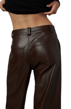 These figure-elongating wide-leg pants elevate the drama of any day or night outfit thanks to the sophisticated edge of faux leather. 27 1/2" inseam; 23" leg opening; 12" front rise; 15 1/2" back rise (size 29) 100% polyurethane Machine wash, dry flat Imported Brown Full Length Leather Pants For Fall, Brown Full-length Leather Pants For Fall, Full Length Brown Leather Pants For Fall, Sleek Brown Faux Leather Pants, Sleek Brown Leather Bottoms, Elegant Brown Full-length Leather Pants, Brown Faux Leather Straight Pants, Elegant Brown Leather Pants Full Length, Sleek Fitted Brown Leather Pants