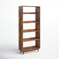 a wooden bookcase with four shelves on each side