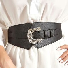 Brand New Beautiful Black Faux Leather Wide Width Belt With A Stretchy Elastic Waistband And Silver Tone Metal Buckle Closure. 4.25" At The Widest Point Stretch: A: 27"-47" B: 34"-64" Adjustable Black Belts With Silver Buckle, Adjustable Black Belt With Silver Buckle, Black Adjustable Belt With Silver Buckle, Elegant Black Belt With Silver Buckle, Elegant Black Faux Leather Belt, Elegant Adjustable Belts With Silver Buckle, Elegant Adjustable Belt With Silver Buckle, Silver Fitted Belts For Party, Silver Fitted Belt For Party